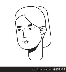 Blonde young girl with ponytail monochrome flat linear character head. Pretty woman smiling. Editable outline hand drawn human face icon. 2D cartoon spot vector avatar illustration for animation. Blonde young girl with ponytail monochrome flat linear character head