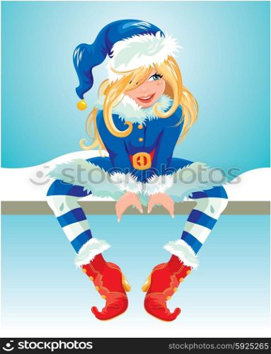 Blondy girl wearing blue Santa Claus costume. Christmas and New Year card. Element for winter holidays design.