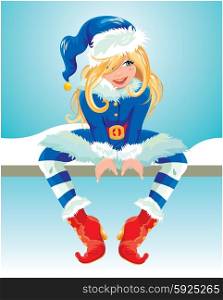 Blondy girl wearing blue Santa Claus costume. Christmas and New Year card. Element for winter holidays design.