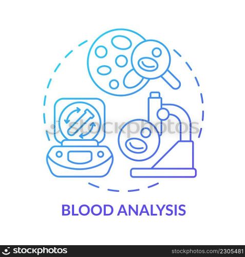 Blood analysis blue gradient concept icon. Patient examining service. Medical diagnostic services abstract idea thin line illustration. Isolated outline drawing. Myriad Pro-Bold font used. Blood analysis blue gradient concept icon