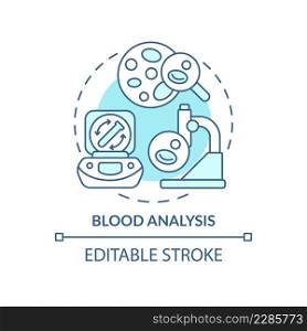 Blood analysis turquoise concept icon. Patient testing service. Diagnostic services abstract idea thin line illustration. Isolated outline drawing. Editable stroke. Arial, Myriad Pro-Bold fonts used. Blood analysis turquoise concept icon