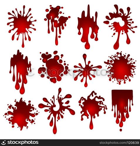 Blood blots. Blood splats vector illustration or hematic splash stain set isolated on white background. Blood blots set