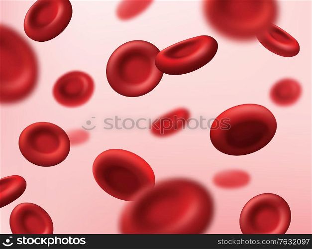 Blood cells red background, medical plasma and human artery hemoglobin erythrocytes, vector hematology medicine. Red blood cells in vein stream, body vascular system, cancer and microbiology science. Blood cells red background, medical plasma artery