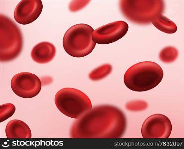 Blood cells red background, medical plasma and human artery hemoglobin erythrocytes, vector hematology medicine. Red blood cells in vein stream, body vascular system, cancer and microbiology science. Blood cells red background, medical plasma artery