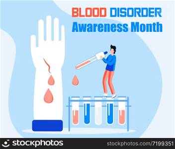 Blood Disorder Awareness Month in March. Hemophilia concept vector. Tiny doctors examine the non-coagulability of blood, treat the patient. Hand with a bleeding, unhealed wound.. Blood Disorder Awareness Month in March. Hemophilia concept vector. Tiny doctors examine the non-coagulability of blood, treat the patient. Hand with a bleeding