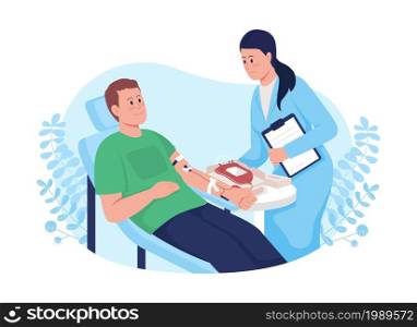 Blood donation 2D vector isolated illustration. Man in chair on blood transfusion. Donor with smiling nurse flat characters on cartoon background. Charity work and volunteering colourful scene. Blood donation 2D vector isolated illustration