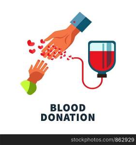 Blood donation agitative poster with adult and child hands. Charity event to help injured and ill people. Banner that encourage to display mercy cartoon flat vector illustration with thick sign.. Blood donation agitative poster with adult and child hands