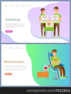Blood donation and fundraising vector, people volunteering, volunteers with table asking for financial help, male in hospital with needle. Website or slider app, landing page flat style. Fundraising and Blood Donation Volunteers Work