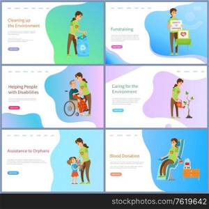 Blood donation and saving peoples lives vector, volunteers helping disabled person, financial material aid to orphans and kids, charity set. Website or slider app, landing page flat style. Environment Cleaning, Caring for Older Volunteer
