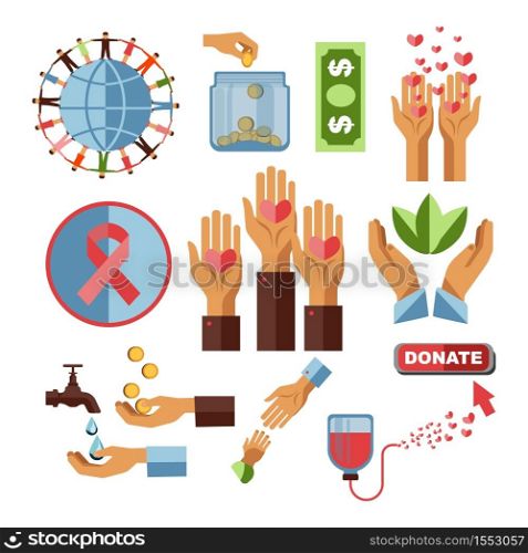 Blood donation center and charity fund vector hearts and human hands cancer stripe blood packs and water drops gold coins and plants banknote or dollar bill glass jar globe and people holding hands. Charity fund and blood donation financial aid and cancer stripe