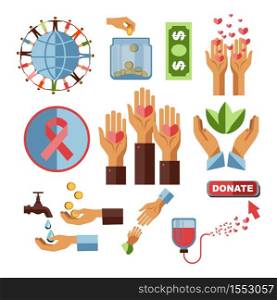 Blood donation center and charity fund vector hearts and human hands cancer stripe blood packs and water drops gold coins and plants banknote or dollar bill glass jar globe and people holding hands. Charity fund and blood donation financial aid and cancer stripe