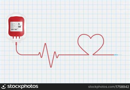 Blood donation concept, Blood bag isolated on graph paper background, vector illustration