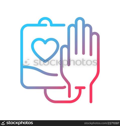 Blood donation gradient linear vector icon. Charitable contribution. Desire to help others. Voluntary procedure. Thin line color symbol. Modern style pictogram. Vector isolated outline drawing. Blood donation gradient linear vector icon