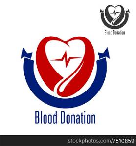 Blood donation icon with stylized heart, carefully encircled by red drop of blood and blue ribbon banner. For healthcare, blood donation, medical charity and saving life concept design. Blood donation icon with heart and drop