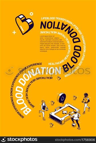 Blood donation isometric poster, donor experience, lifeblood transfusion healthcare concept with tiny volunteer people bringing hearts to huge medical toolbox, yellow 3d vector line art banner, flyer. Blood donation isometric poster, donor experience