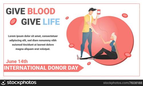 Blood donation poster with international donor day symbols flat vector illustration