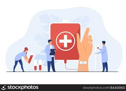 Blood donation station. Hand of transfusion donor with doctors and nurses team around. Vector illustration for medicine, emergency, charity, medical aid concept