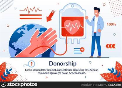 Blood Donation Technologies, Saving Blood Plasma for Emergency and Surgery Causes Trendy Flat Vector Vector Banner, Poster Template. Blood Transfusing from Human Hand to Plastic Bag Illustration