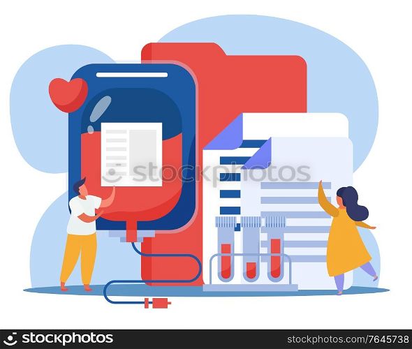 Blood donor and volunteer composition with blood test and plasma symbols flat vector illustration