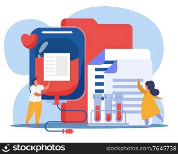 Blood donor and volunteer composition with blood test and plasma symbols flat vector illustration