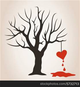 Blood drips from heart on a tree. A vector illustration