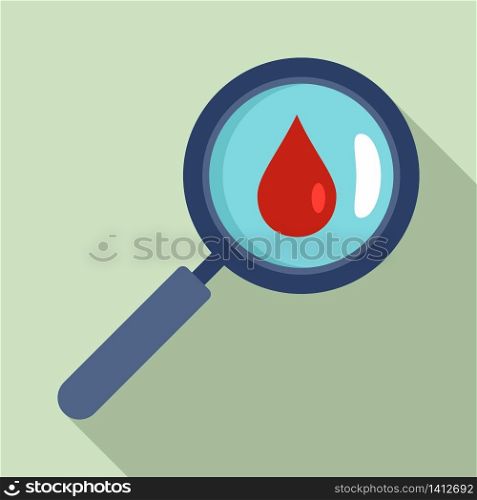 Blood drop under magnifier icon. Flat illustration of blood drop under magnifier vector icon for web design. Blood drop under magnifier icon, flat style