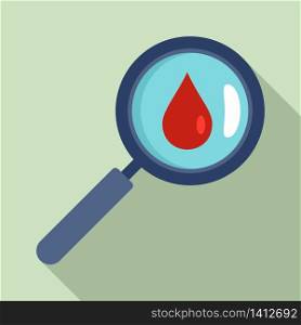 Blood drop under magnifier icon. Flat illustration of blood drop under magnifier vector icon for web design. Blood drop under magnifier icon, flat style