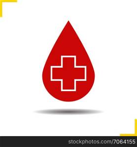 Blood drop with cross icon. Drop shadow silhouette symbol. Blood donation or transfusion sign. Negative space. Vector isolated illustration. Blood drop icon