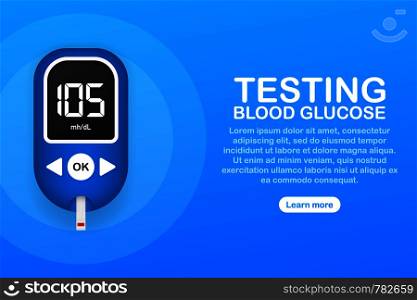 Blood glucose meter level test. Diabetes glucometer. Abstract concept graphic web banner element. Vector stock illustration.