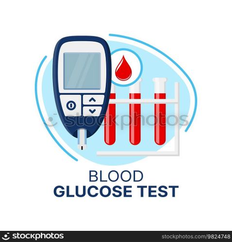 Blood glucose test of diabetes care icon. Vector glucometer with sugar or glucose level test tubes in stand and red drop. Diabetes mellitus medical equipment or measuring device isolated symbol. Blood glucose test, glucometer icon, diabetes care