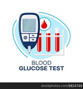Blood glucose test of diabetes care icon. Vector glucometer with sugar or glucose level test tubes in stand and red drop. Diabetes mellitus medical equipment or measuring device isolated symbol. Blood glucose test, glucometer icon, diabetes care