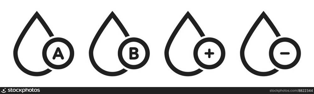 Blood group vector icons. Drops of blood. Blood droplet icon set. 