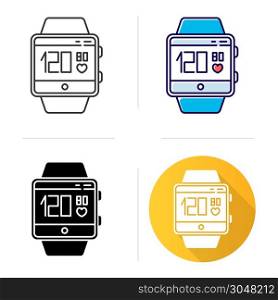 Blood pressure and heart rate tracking smartwatch function icon. Measurements and indicators of health. Flat design, linear and color styles. Fitness wristband. Isolated vector illustrations