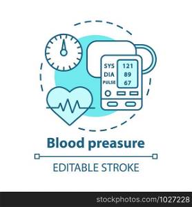 Blood pressure control device concept icon. Heart condition monitoring idea thin line illustration. Electronic manometer with display. Vector isolated outline drawing. Editable stroke