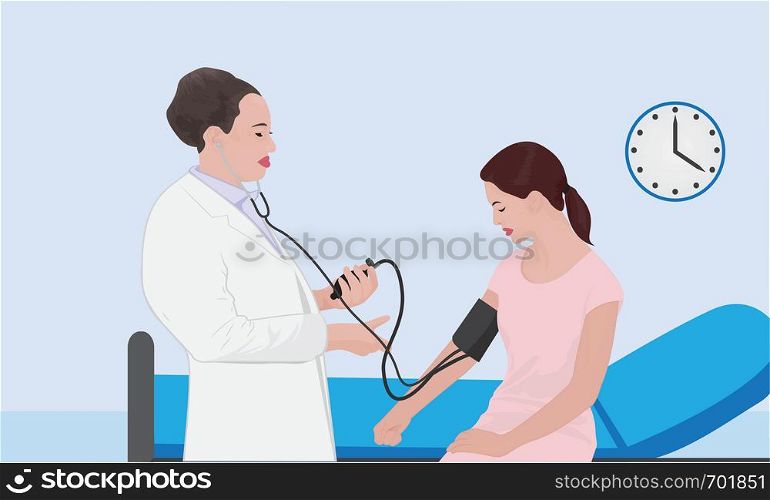 Blood pressure measuring cardio exam visit to a doctor vector illustration
