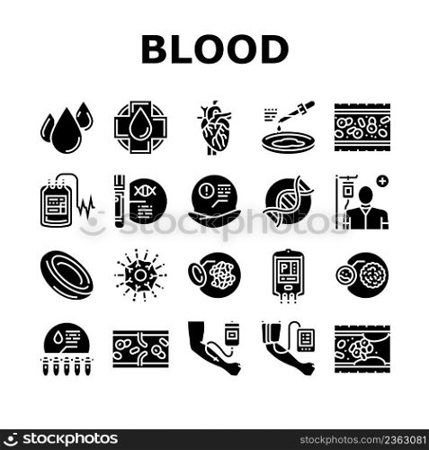 Blood Pressure Measuring Gadget Icons Set Vector. Blood Drop And Artery Vessel, Dna And Health Researchment And Laboratory Analyzing, Transfusion And Researchment Glyph Pictograms Black Illustrations. Blood Pressure Measuring Gadget Icons Set Vector