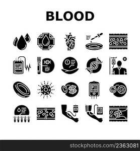 Blood Pressure Measuring Gadget Icons Set Vector. Blood Drop And Artery Vessel, Dna And Health Researchment And Laboratory Analyzing, Transfusion And Researchment Glyph Pictograms Black Illustrations. Blood Pressure Measuring Gadget Icons Set Vector