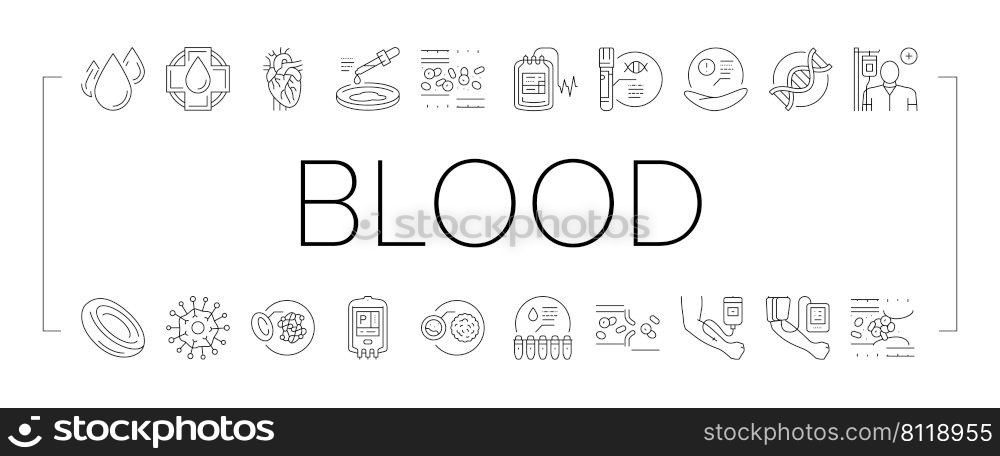 Blood Pressure Measuring Gadget Icons Set Vector. Blood Drop And Artery Vessel, Dna And Health Researchment And Laboratory Analyzing, Transfusion And Researchment Black Contour Illustrations. Blood Pressure Measuring Gadget Icons Set Vector