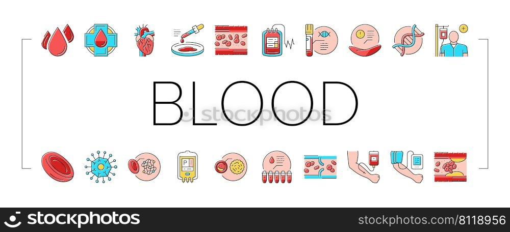 Blood Pressure Measuring Gadget Icons Set Vector. Blood Drop And Artery Vessel, Dna And Health Researchment And Laboratory Analyzing, Transfusion And Researchment Color Illustrations. Blood Pressure Measuring Gadget Icons Set Vector