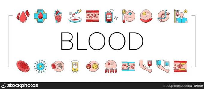 Blood Pressure Measuring Gadget Icons Set Vector. Blood Drop And Artery Vessel, Dna And Health Researchment And Laboratory Analyzing, Transfusion And Researchment Color Illustrations. Blood Pressure Measuring Gadget Icons Set Vector
