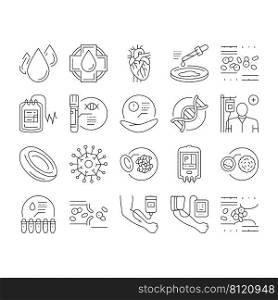 Blood Pressure Measuring Gadget Icons Set Vector. Blood Drop And Artery Vessel, Dna And Health Researchment And Laboratory Analyzing, Transfusion And Researchment Black Contour Illustrations. Blood Pressure Measuring Gadget Icons Set Vector