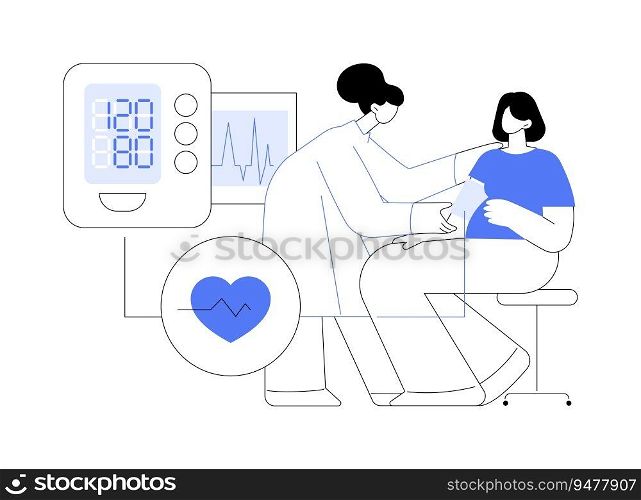Blood pressure monitoring in pregnancy abstract concept vector illustration. Nurse deals with hypertension monitoring in pregnancy, prenatal examination, reproductive medicine abstract metaphor.. Blood pressure monitoring in pregnancy abstract concept vector illustration.