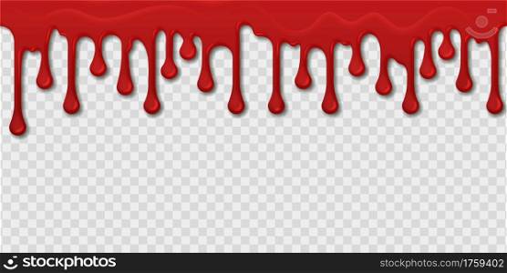Blood seamless pattern. Realistic red paint drops and splashes on transparent background. Creepy bleeding template. Bright spooky dripping border mockup. Bloody oozing stain. Vector murder texture. Blood seamless pattern. Realistic red paint drops and splashes on transparent background. Bleeding template. Bright spooky dripping border. Bloody oozing stain. Vector murder texture