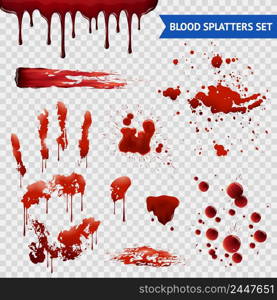 Blood spatters realistic bloodstains patterns set of smears splashes drippings drops and handprint with transparent background vector illustration . Blood Spatters Realistic Samples Transparent Set