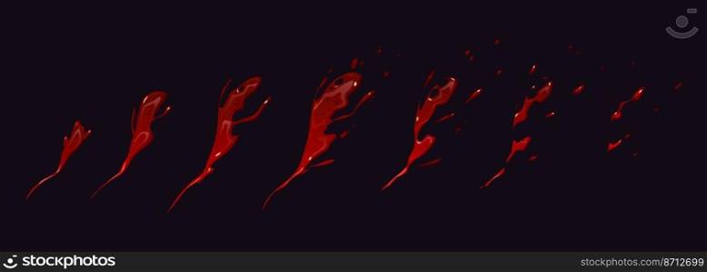 Blood splash animation sprite sheet, cartoon red liquid swirls dynamic motion. Bloody or paint explosion sequence frame or clip for game, burst, boom fx effect, storyboard, Vector illustration, set. Blood splash animation sprite sheet dynamic motion
