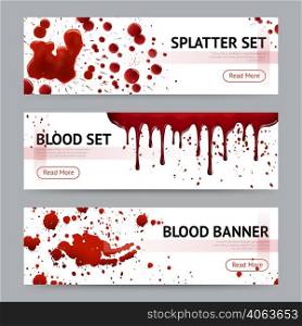 Blood splatters sets realistic 3 horizontal banners webpage design with read more button grey background isolated vector illustration . Blood Splatters Horizontal Banners Set