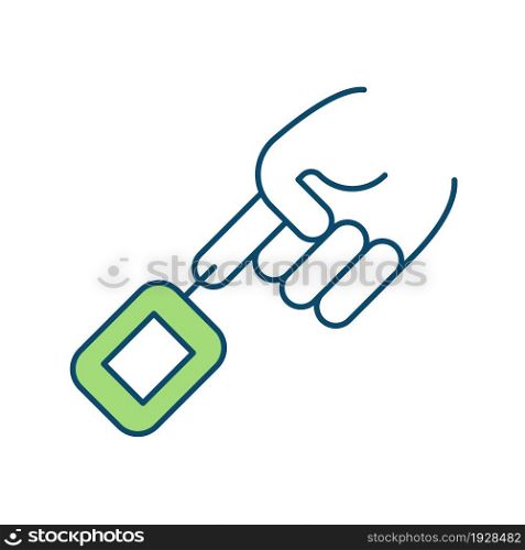 Blood sugar testing RGB color icon. Glucose monitor. Pricking finger with small needle. Diabetes management. Measuring sugar levels in blood. Isolated vector illustration. Simple filled line drawing. Blood sugar testing RGB color icon