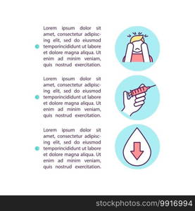 Blood test anxiety concept icon with text. How to deal with clinics procedures fears. PPT page vector template. Brochure, magazine, booklet design element with linear illustrations. Blood test anxiety concept icon with text