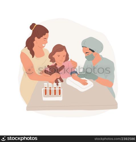 Blood test isolated cartoon vector illustration Getting a test, nurse taking blood from childs arm, kid crying in doctors office, family healthcare, distraction with a toy vector cartoon.. Blood test isolated cartoon vector illustration