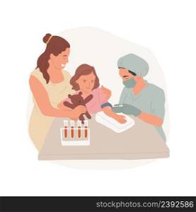 Blood test isolated cartoon vector illustration Getting a test, nurse taking blood from childs arm, kid crying in doctors office, family healthcare, distraction with a toy vector cartoon.. Blood test isolated cartoon vector illustration